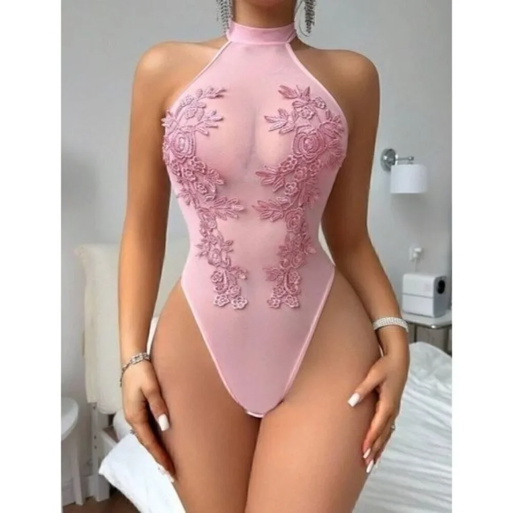 Baby Pink Sexy Floral Embroidered Teddy Lingerie - Picture 2 of 5